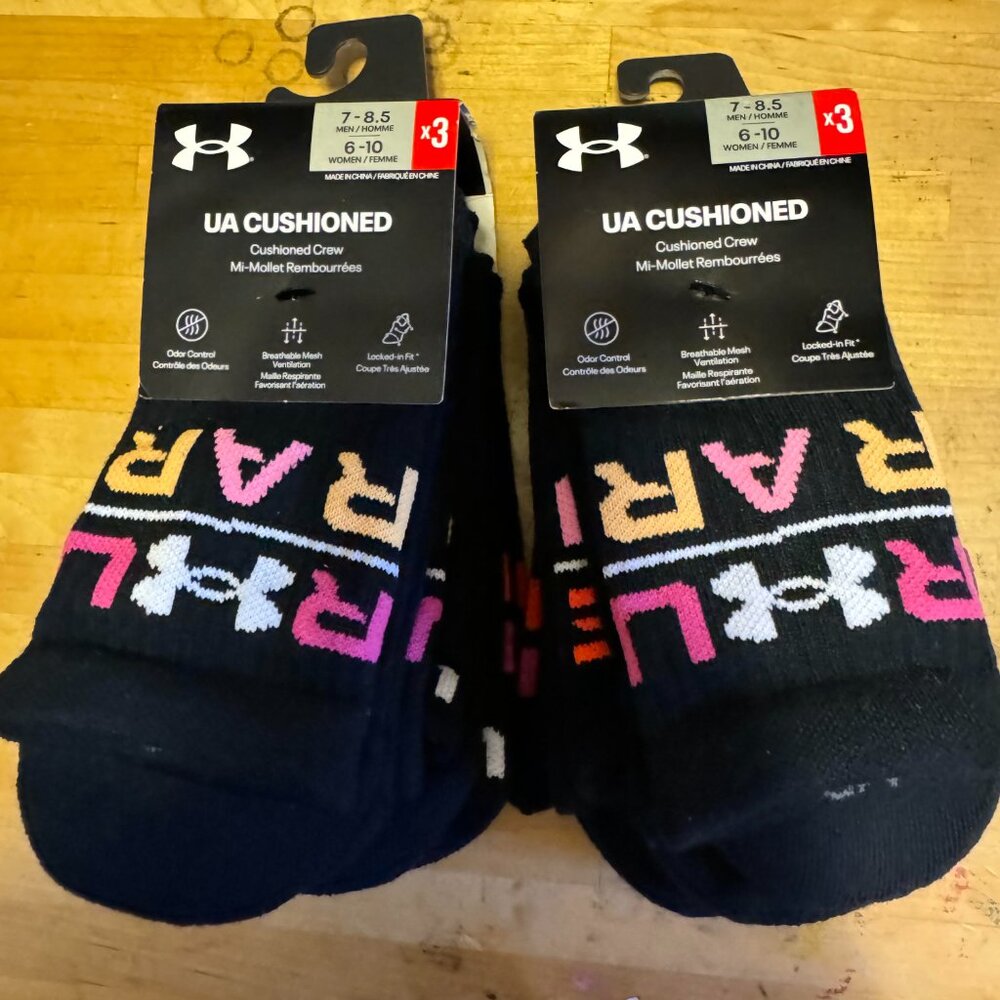 TWO (2) of UNDER ARMOUR Men's UA Cushioned Crew Socks 3-Pack 1385134 NEW w TAGS